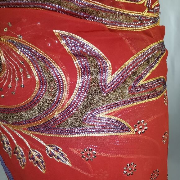 Handmade Women’s Saree & Choli Small Red Brown Silver Gold Embroidered Sequins - Picture 3 of 11